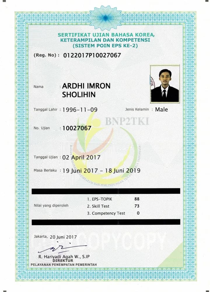 Sertifikat Kelulusan Ujian EPS TOPIK 2017
