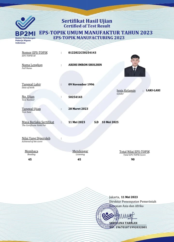 Sertifikat Kelulusan Ujian EPS TOPIK 2023