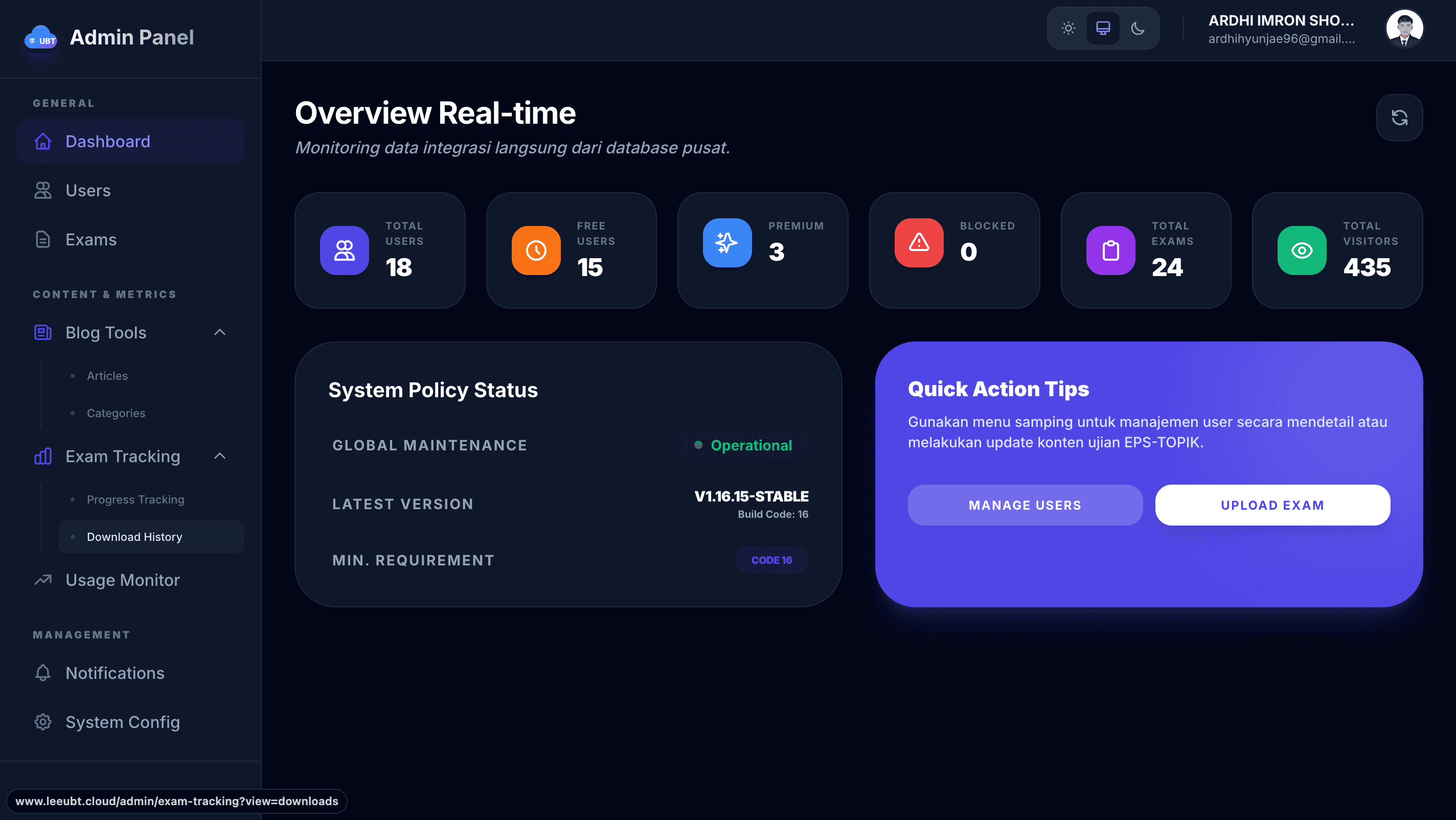 Admin dashboard with real-time statistics